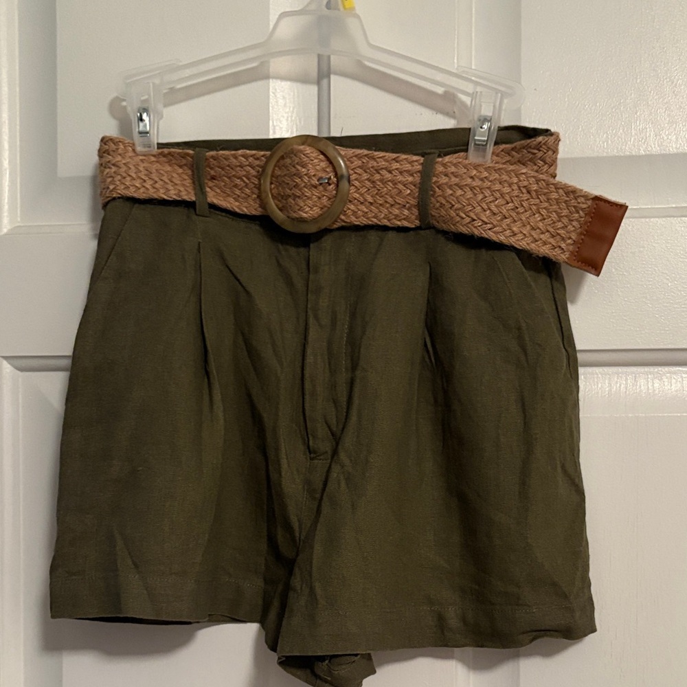 Forever 21 Olive Green High-Waist Shorts with Woven Tan Belt